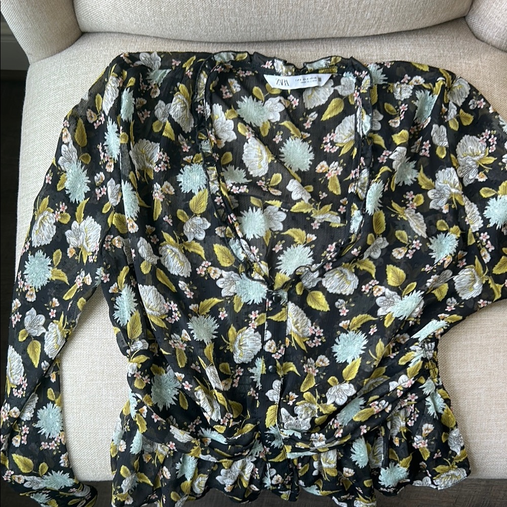 Zara Blue and Gold Ruffled Peplum Blouse